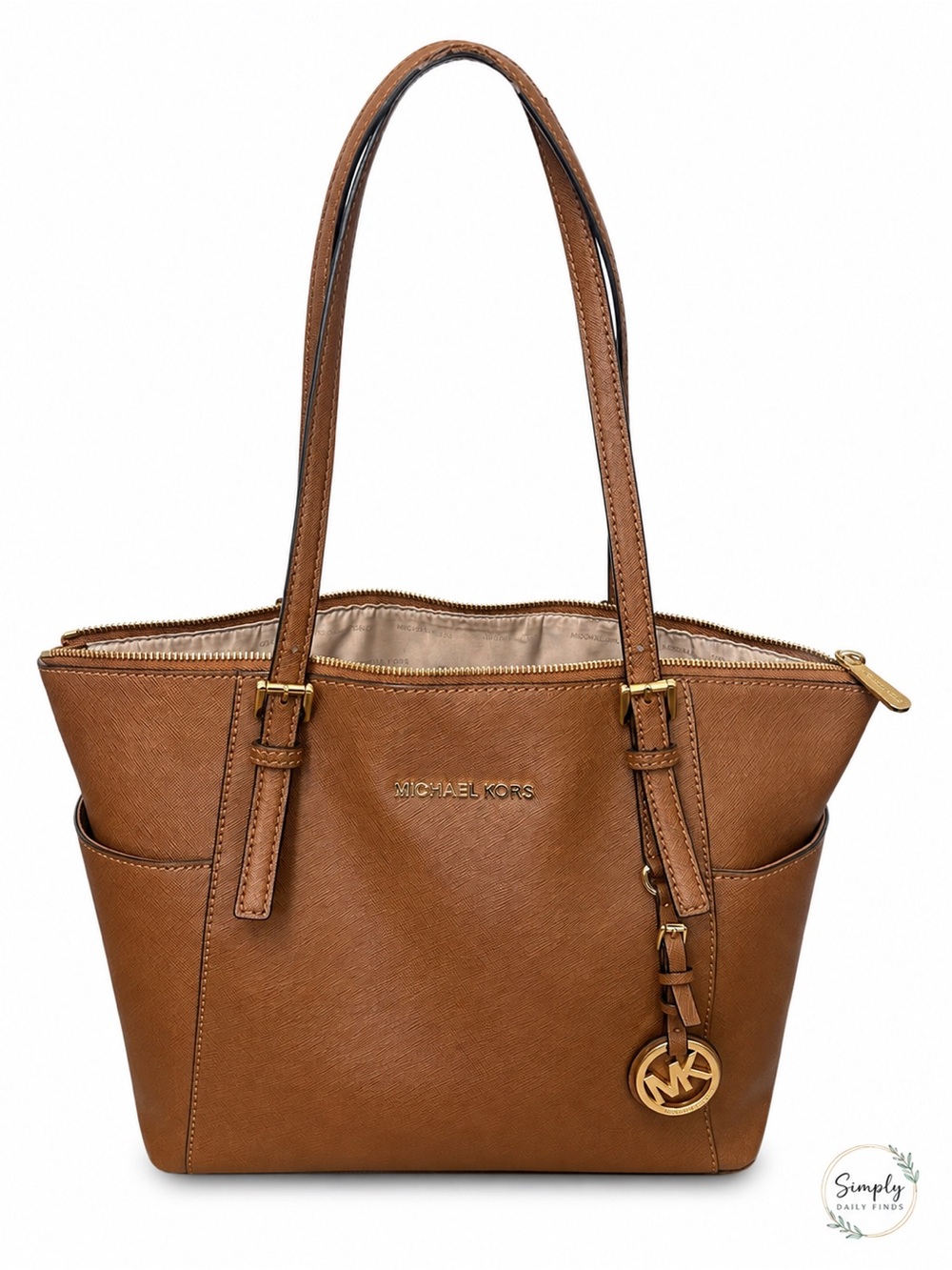 Michael Kors Jet Set Tote Brown Saffiano Leather Shoulder Bag MK Charm